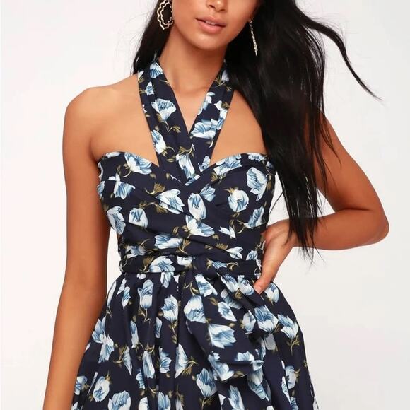 Lulus Navy Blue Floral Elated Energy Convertible Sleeveless Romper Shorts Sz XS - Picture 5 of 13